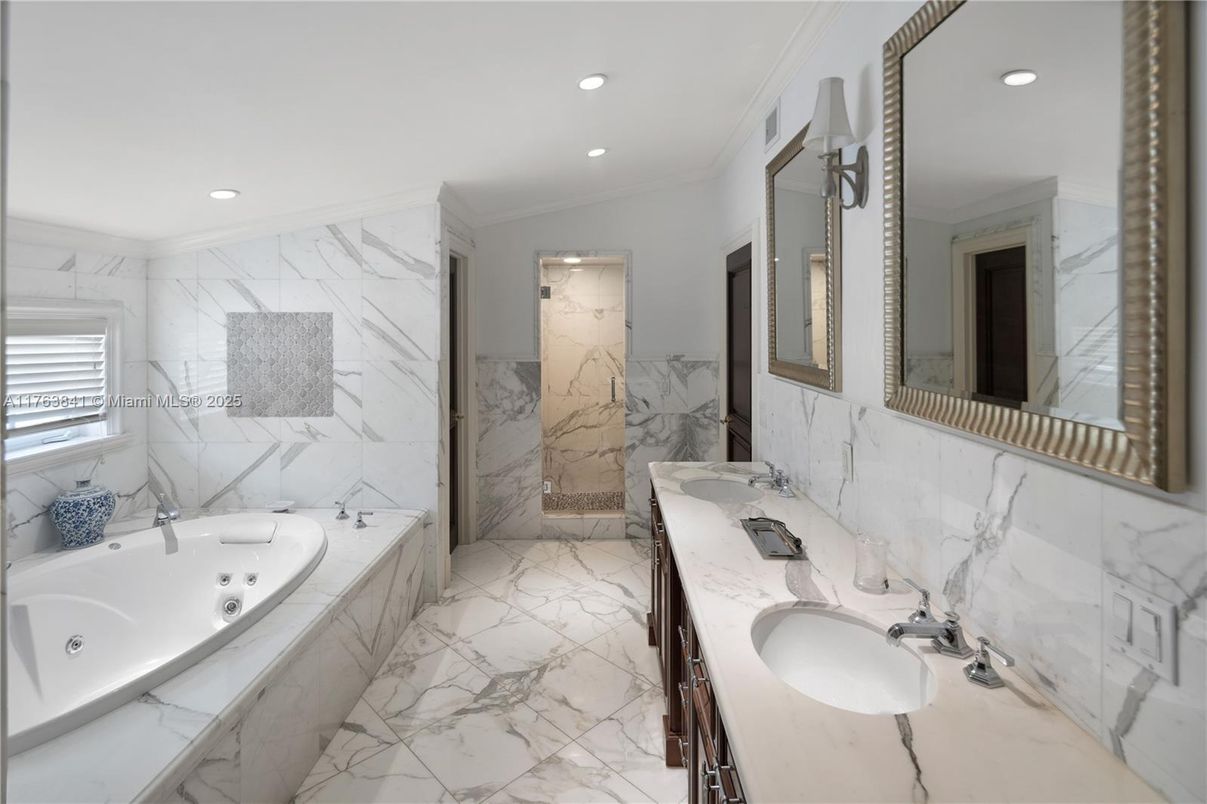 Bathroom, Dual Sink Vanities, Glass Shower, Interior, Marble, Marble Walls, Recessed Lighting