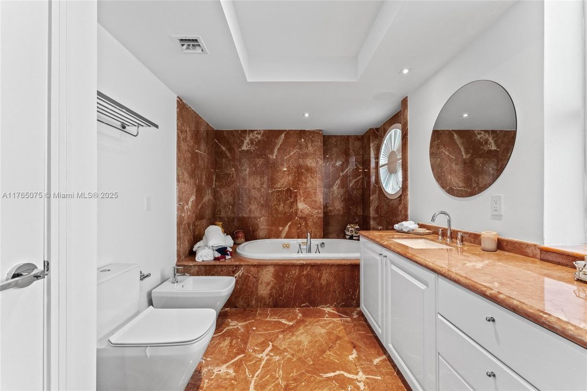 Bathroom, Dual Sink Vanities, Interior, Marble, Recessed Lighting