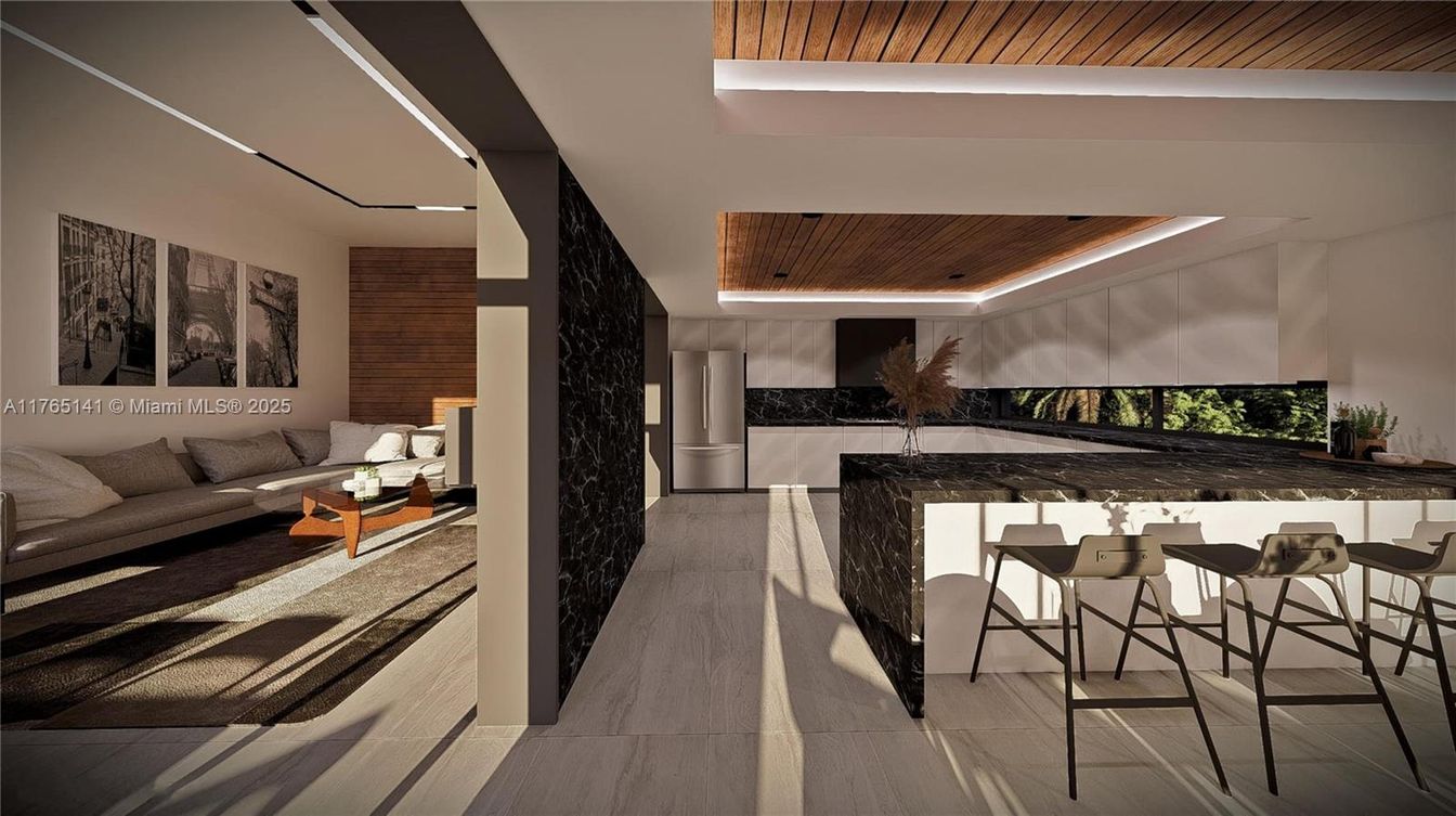 Interior, Kitchen, Living room, Recessed Lighting, Wooden Ceilings