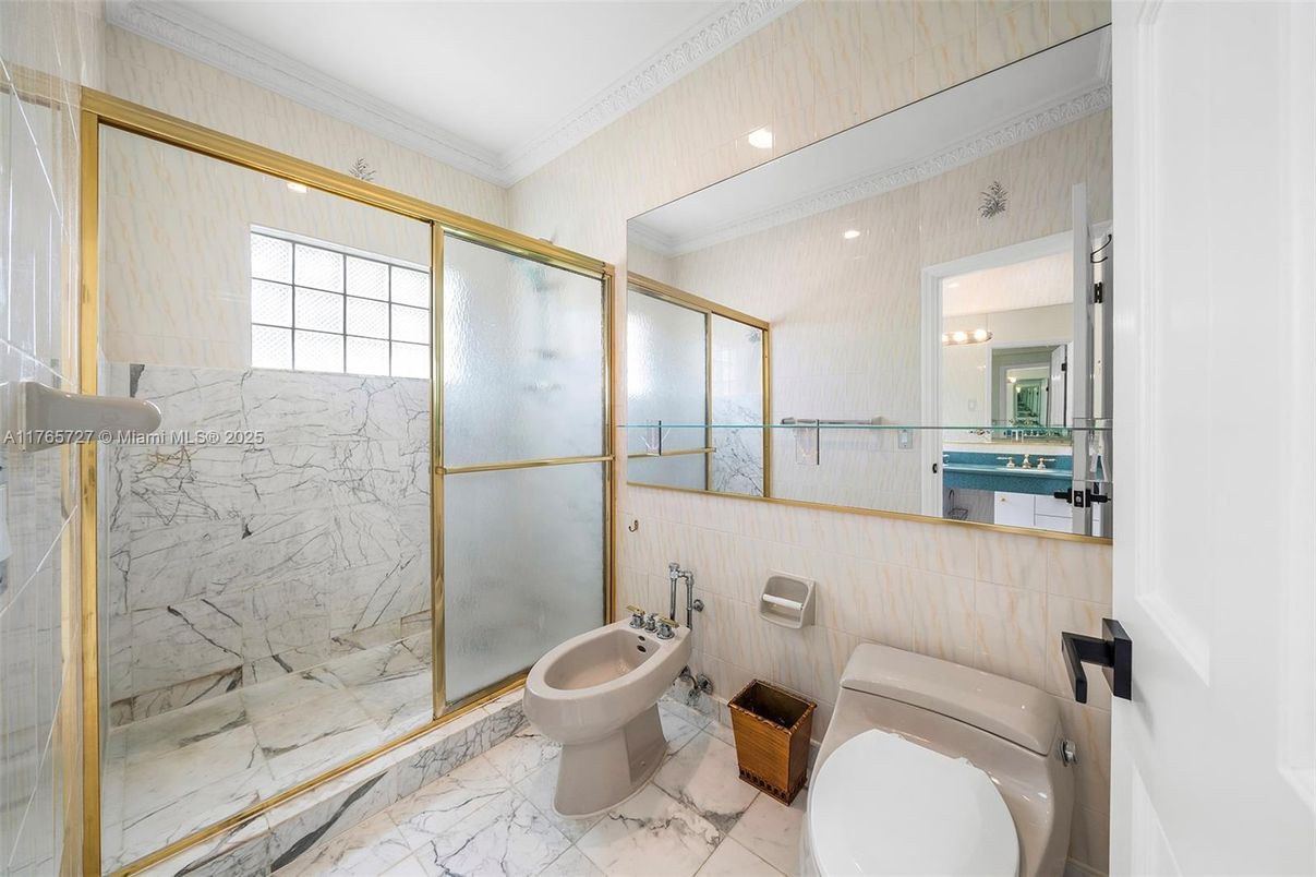 Bathroom, Glass Shower, Interior, Marble, Marble Walls, Recessed Lighting