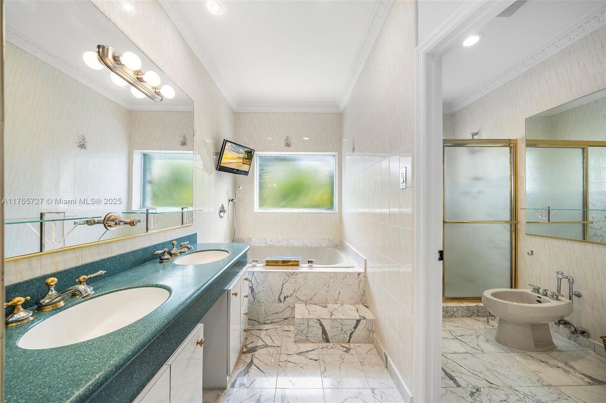 Bathroom, Dual Sink Vanities, Glass Shower, Interior, Marble, Recessed Lighting