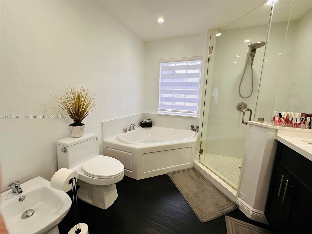 Bathroom, Glass Shower, Interior, Recessed Lighting, Wood Texture Flooring