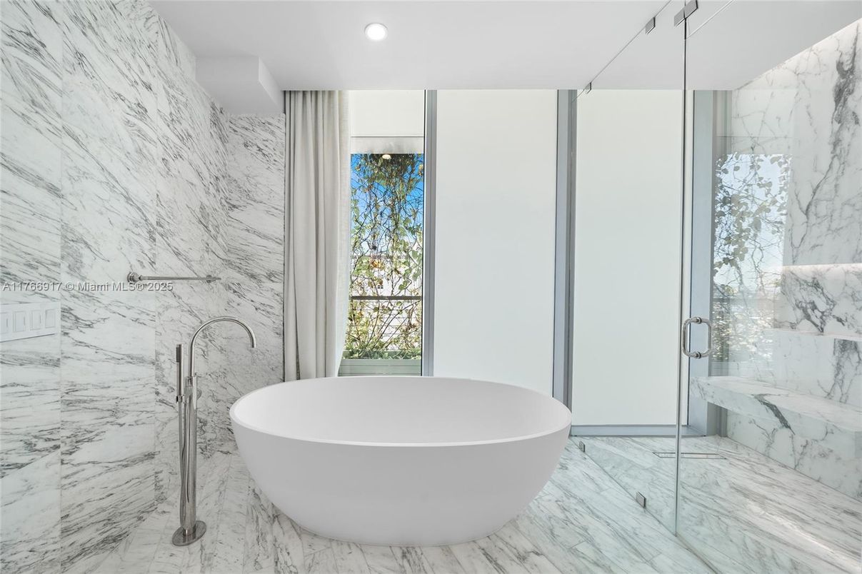 Bathroom, Free Standing Baths, Glass Shower, Interior, Marble, Marble Walls, Recessed Lighting