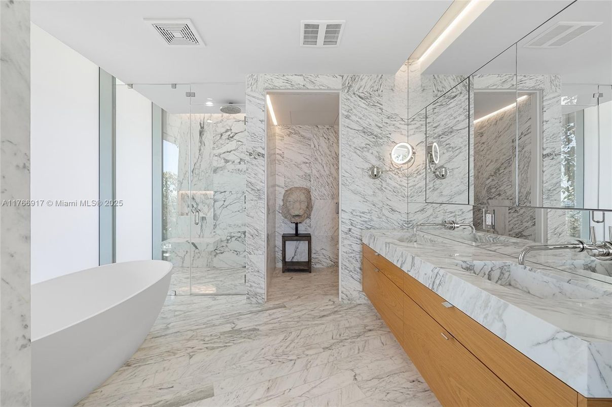 Bathroom, Free Standing Baths, Glass Shower, Interior, Marble, Marble Walls