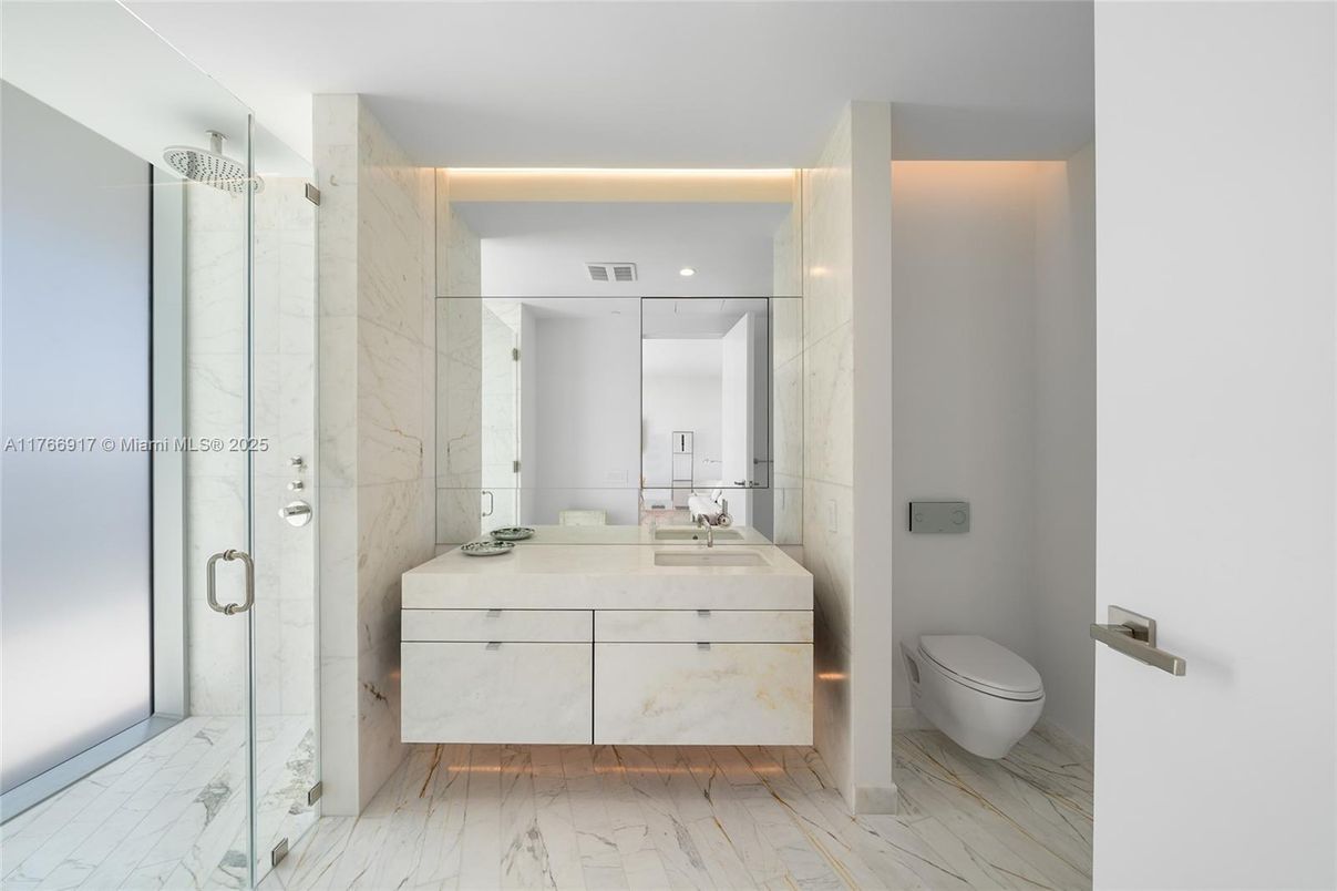 Bathroom, Glass Shower, Interior, Marble, Marble Walls, Recessed Lighting