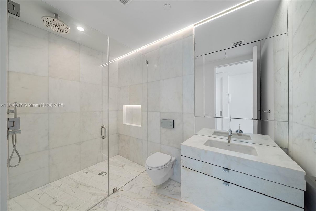 Bathroom, Glass Shower, Interior, Marble, Marble Walls, Recessed Lighting
