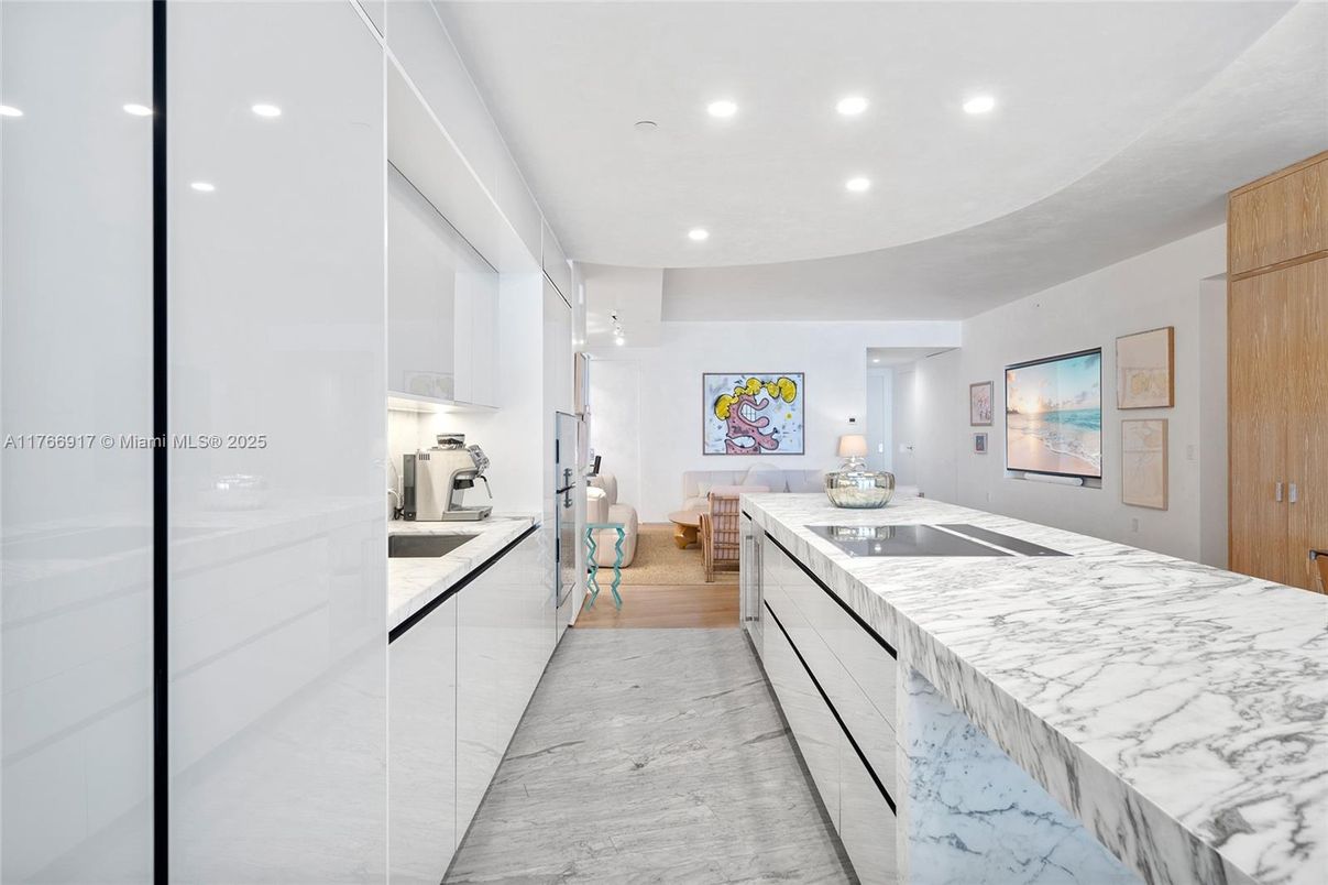 Interior, Kitchen, Marble, Recessed Lighting, Wood Texture Flooring