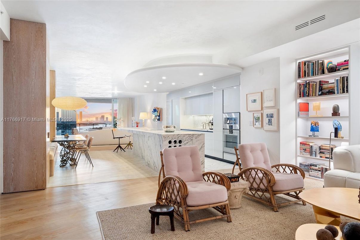 Dining room, Interior, Kitchen, Living room, Recessed Lighting, Stainless Steel Appliances, Wood Texture Flooring