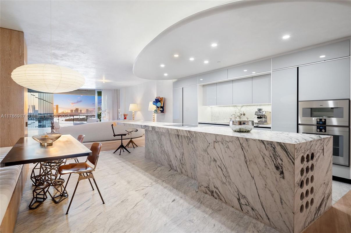 Dining room, Interior, Kitchen, Marble, Pendant Lights, Recessed Lighting, Stainless Steel Appliances
