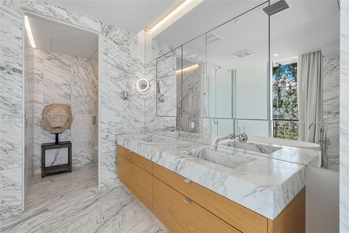 Bathroom, Glass Shower, Interior, Marble, Marble Walls, Recessed Lighting
