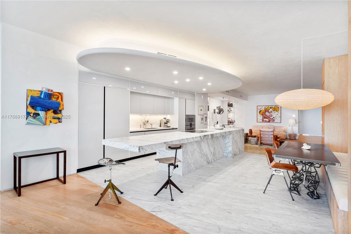 Interior, Kitchen, Marble Walls, Recessed Lighting, Wood Texture Flooring