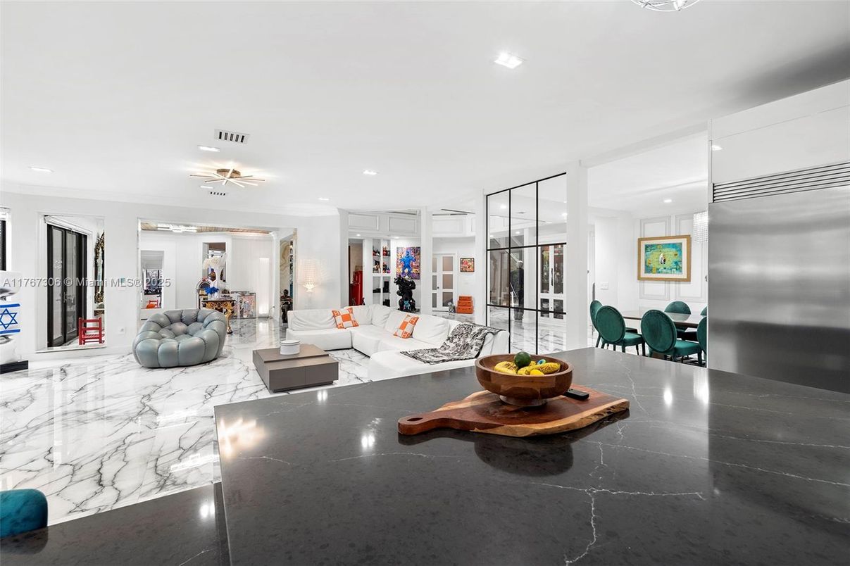 Dining room, Interior, Kitchen, Living room, Marble, Recessed Lighting, Stainless Steel Appliances