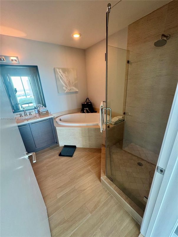 Bathroom, Glass Shower, Interior, Recessed Lighting, Wood Texture Flooring