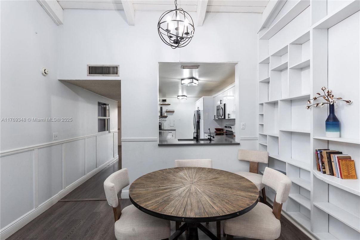 Dining room, Interior, Pendant Lights, Wood Texture Flooring