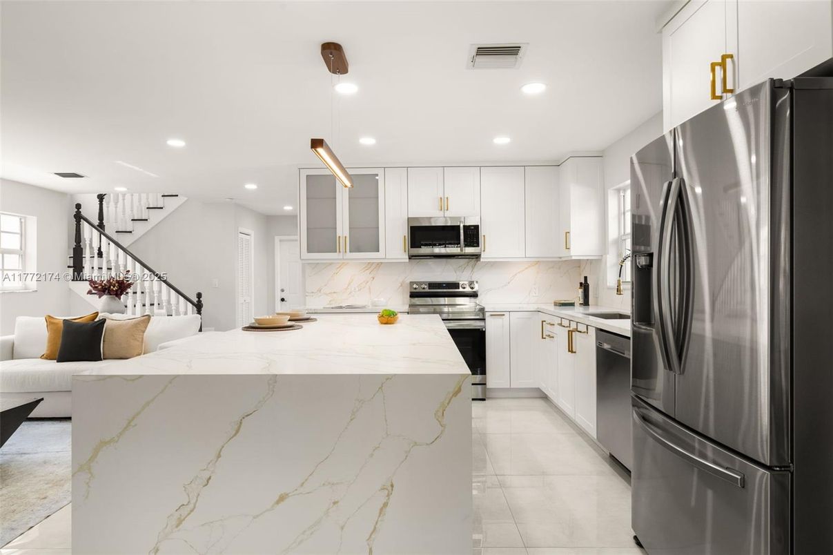 Interior, Kitchen, Marble, Pendant Lights, Recessed Lighting, Stainless Steel Appliances