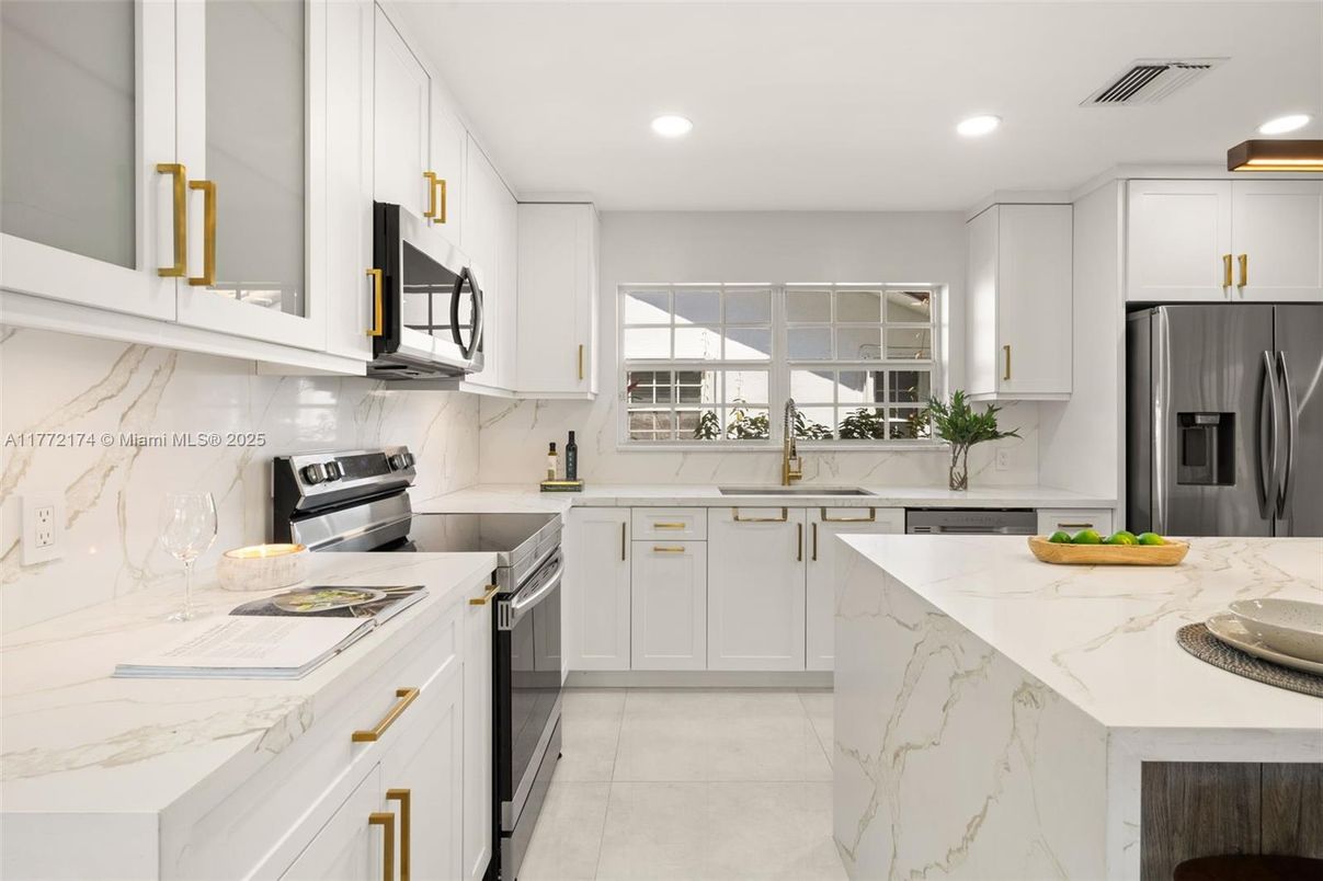 Interior, Kitchen, Marble, Marble Walls, Recessed Lighting, Stainless Steel Appliances