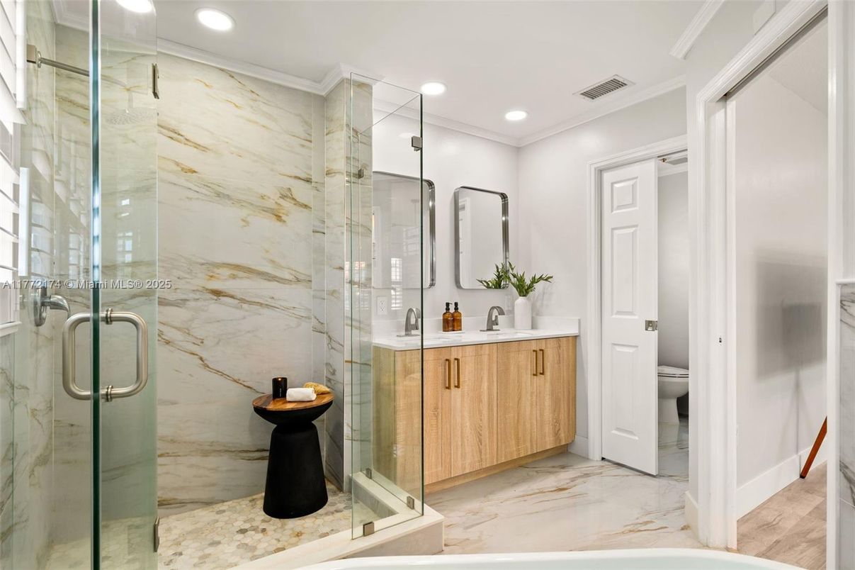 Bathroom, Glass Shower, Interior, Marble, Marble Walls, Recessed Lighting
