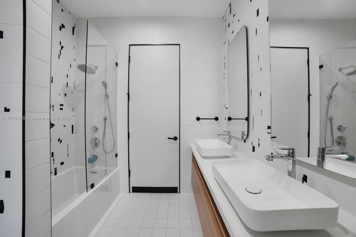 Bathroom, Dual Sink Vanities, Glass Shower, Interior, Recessed Lighting, Tile Countertops