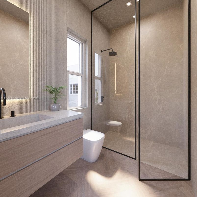 Bathroom, Glass Shower, Interior, Recessed Lighting