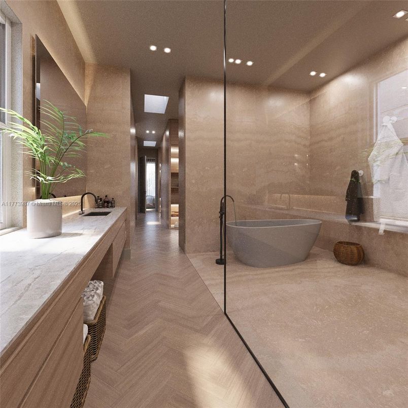 Bathroom, Dual Sink Vanities, Free Standing Baths, Glass Shower, Interior, Recessed Lighting, Wood Texture Flooring