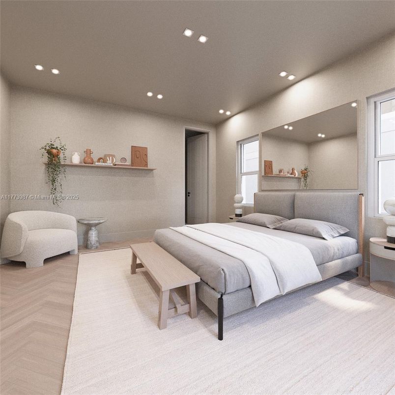 Bedroom, Interior, Recessed Lighting, Wood Texture Flooring