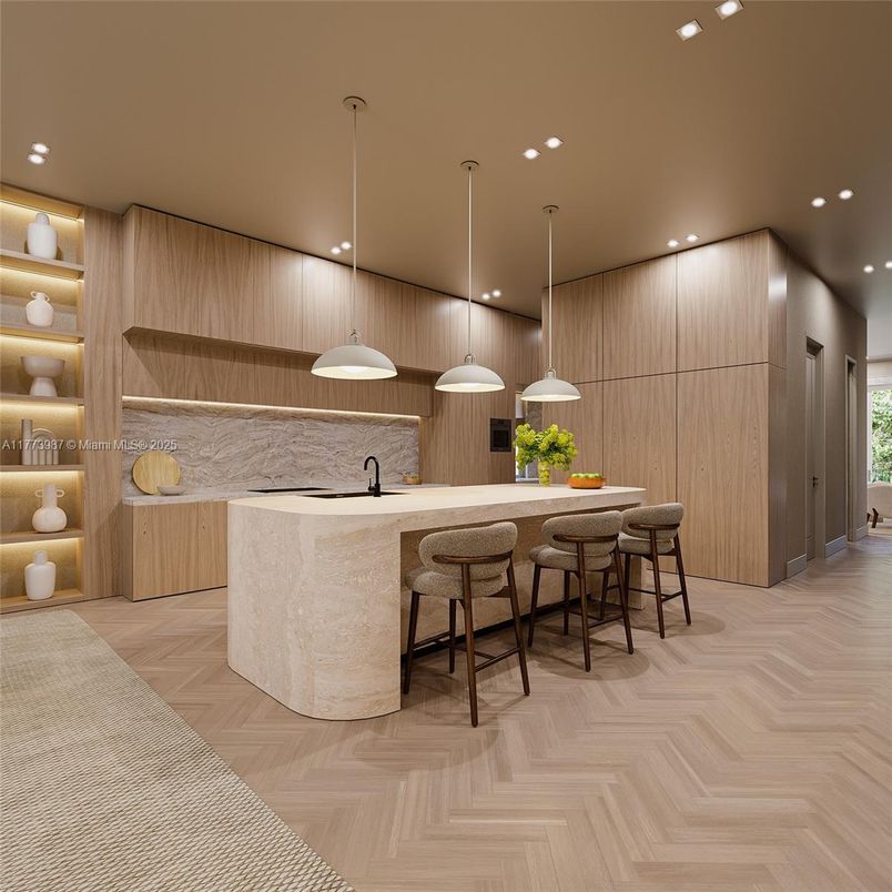 Interior, Kitchen, Pendant Lights, Recessed Lighting, Wood Texture Flooring