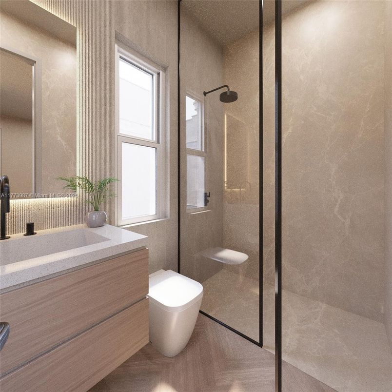 Bathroom, Glass Shower, Interior, Wood Texture Flooring