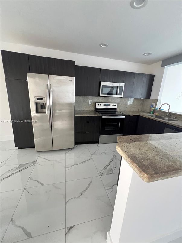 Interior, Kitchen, Marble, Recessed Lighting, Stainless Steel Appliances