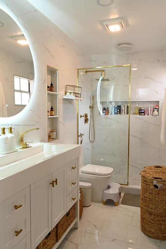 Bathroom, Glass Shower, Interior, Marble, Marble Walls, Recessed Lighting