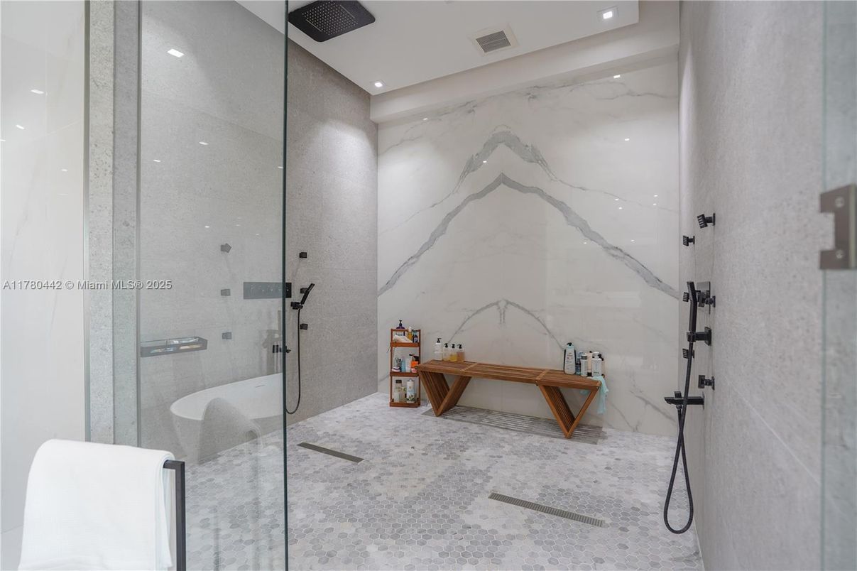 Bathroom, Glass Shower, Interior, Marble Walls, Recessed Lighting