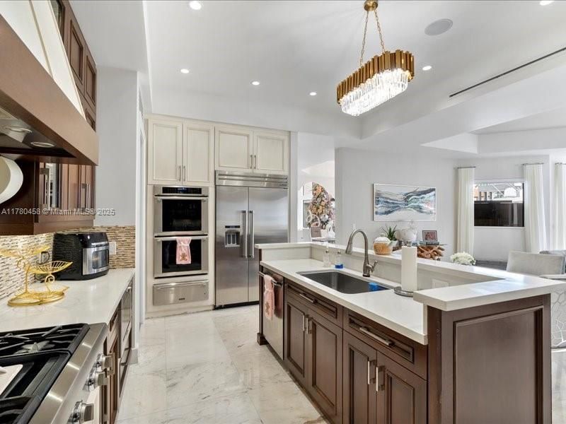 Interior, Kitchen, Marble, Pendant Lights, Recessed Lighting, Stainless Steel Appliances