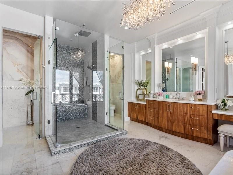 Bathroom, Chandelier, Glass Shower, Interior, Marble