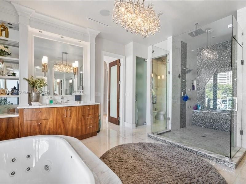 Bathroom, Chandelier, Glass Shower, Interior, Recessed Lighting