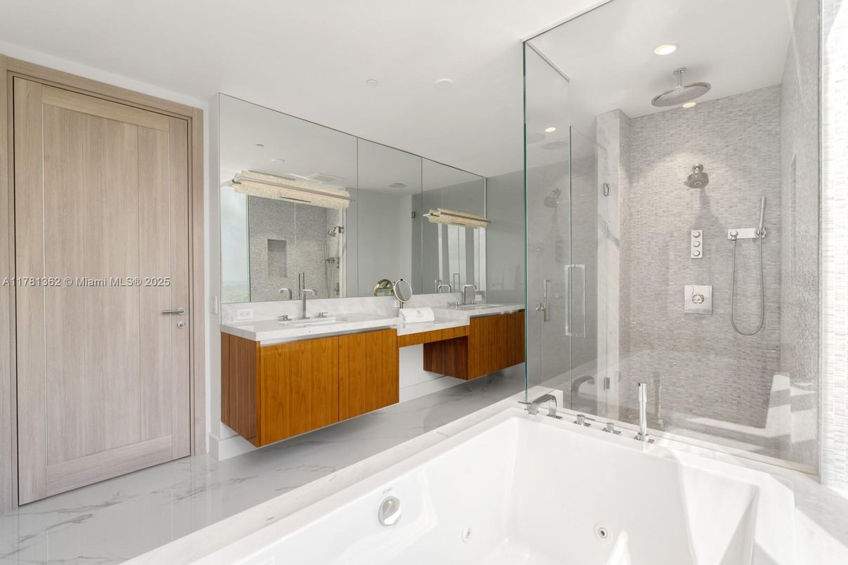 Bathroom, Dual Sink Vanities, Glass Shower, Interior, Marble, Recessed Lighting