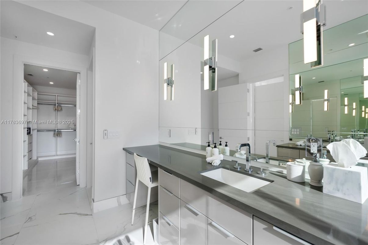 Bathroom, Dual Sink Vanities, Interior, Marble, Pendant Lights, Recessed Lighting