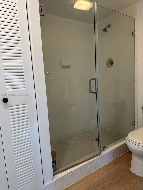 Bathroom, Glass Shower, Interior, Wood Texture Flooring