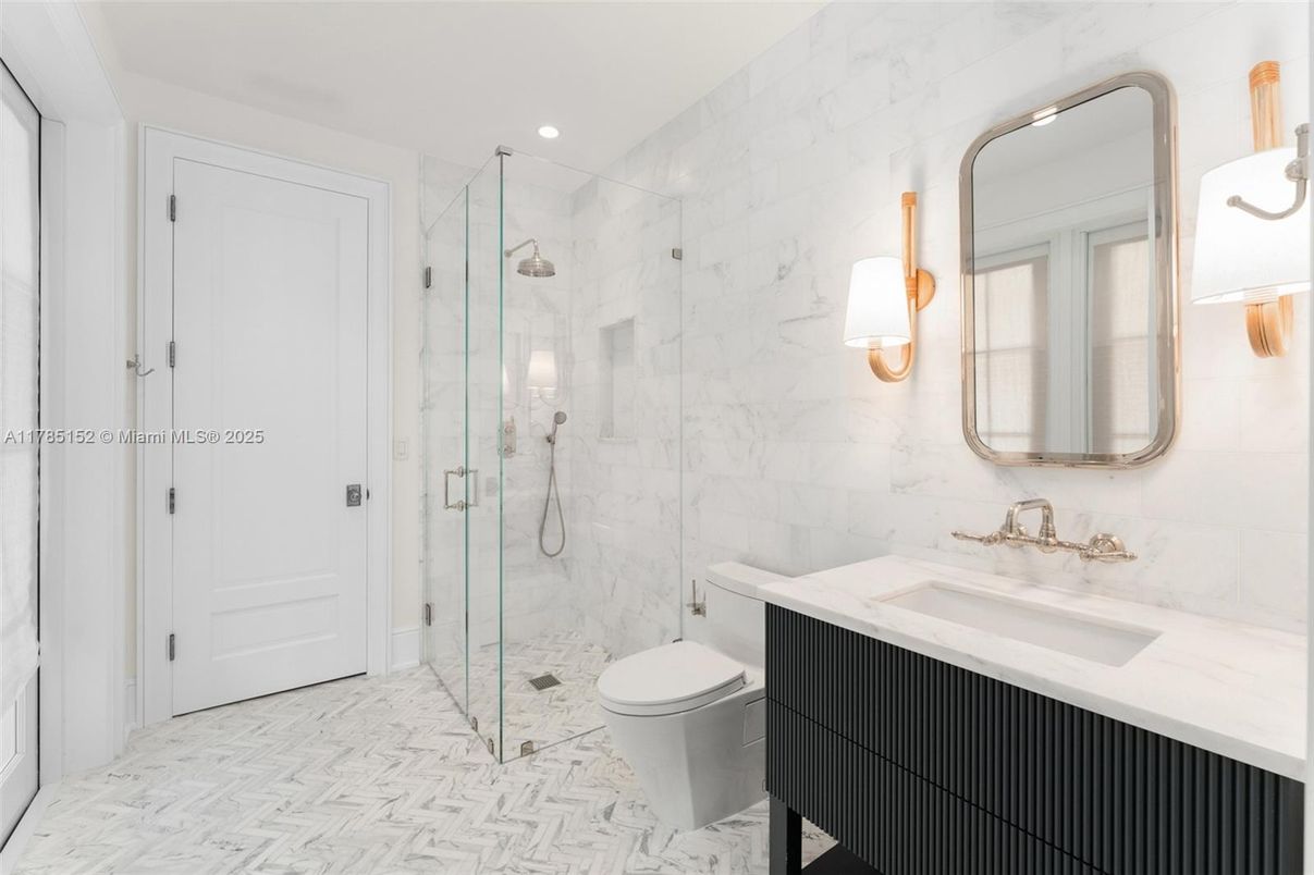 Bathroom, Glass Shower, Interior, Marble, Marble Walls, Recessed Lighting