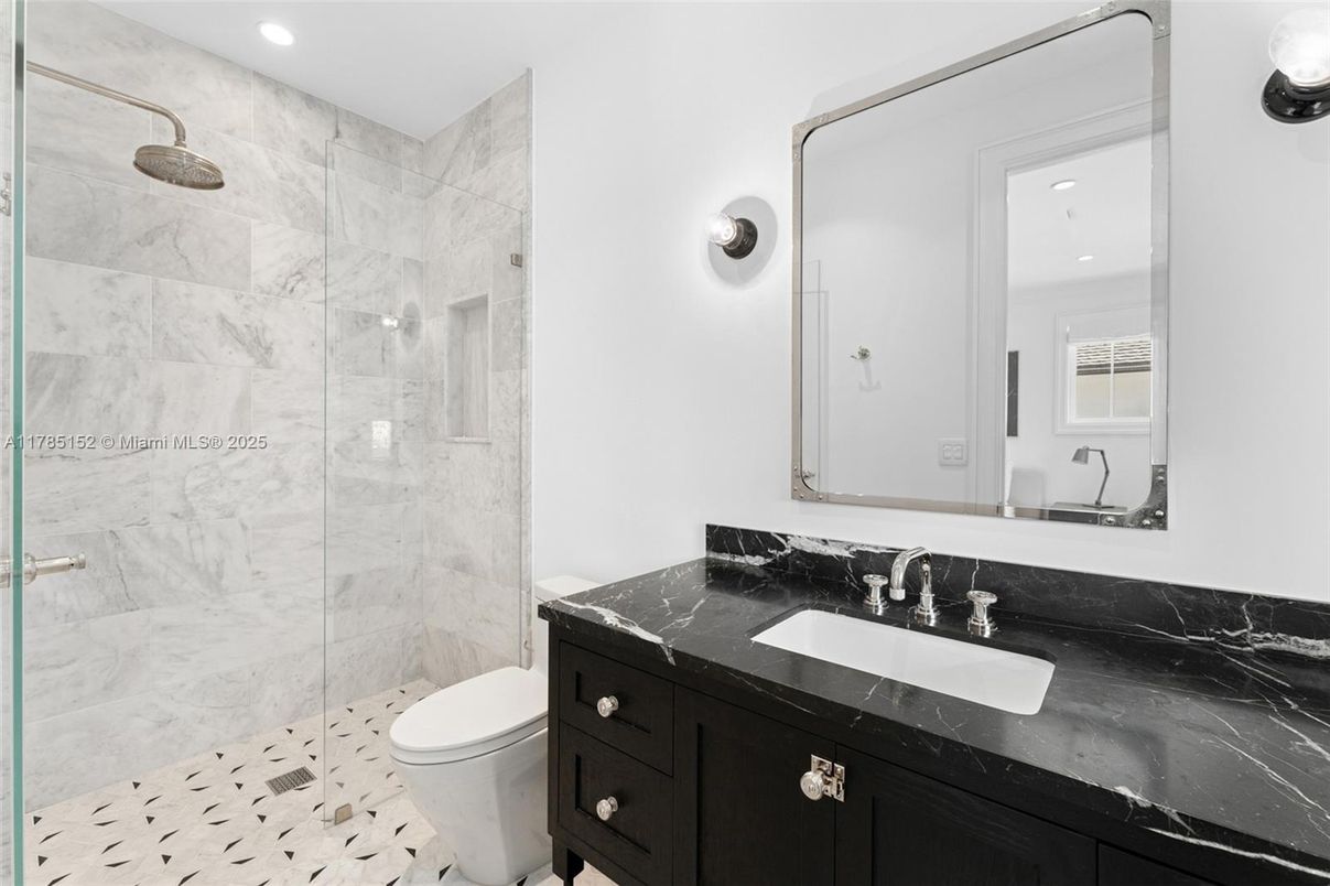 Bathroom, Glass Shower, Interior, Marble Walls, Recessed Lighting