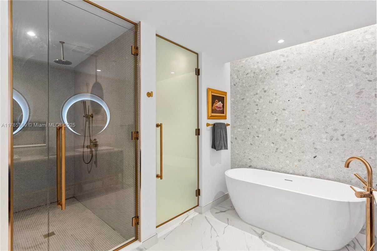Bathroom, Free Standing Baths, Glass Shower, Interior, Marble, Recessed Lighting