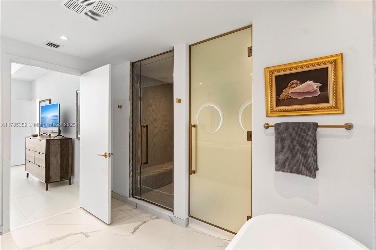 Bathroom, Glass Shower, Interior, Marble, Recessed Lighting