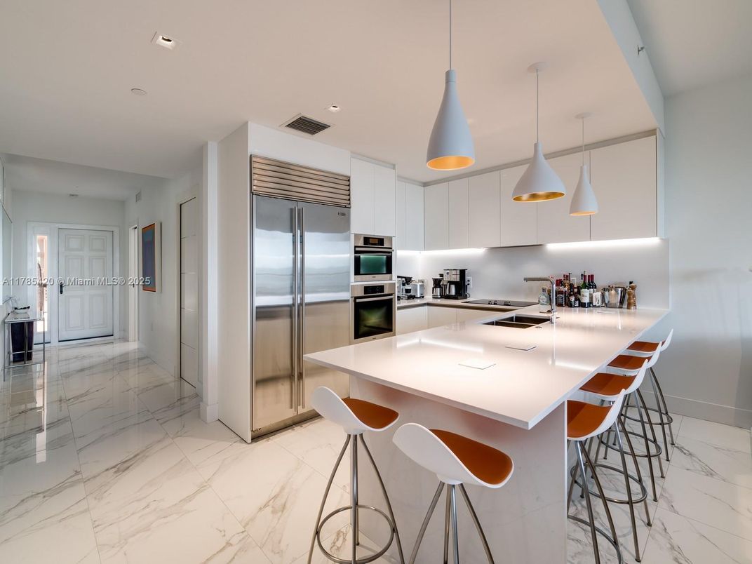 Interior, Kitchen, Marble, Pendant Lights, Recessed Lighting, Stainless Steel Appliances