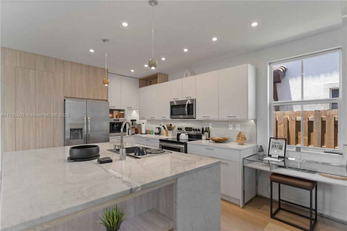 Interior, Kitchen, Pendant Lights, Recessed Lighting, Stainless Steel Appliances, Wood Texture Flooring
