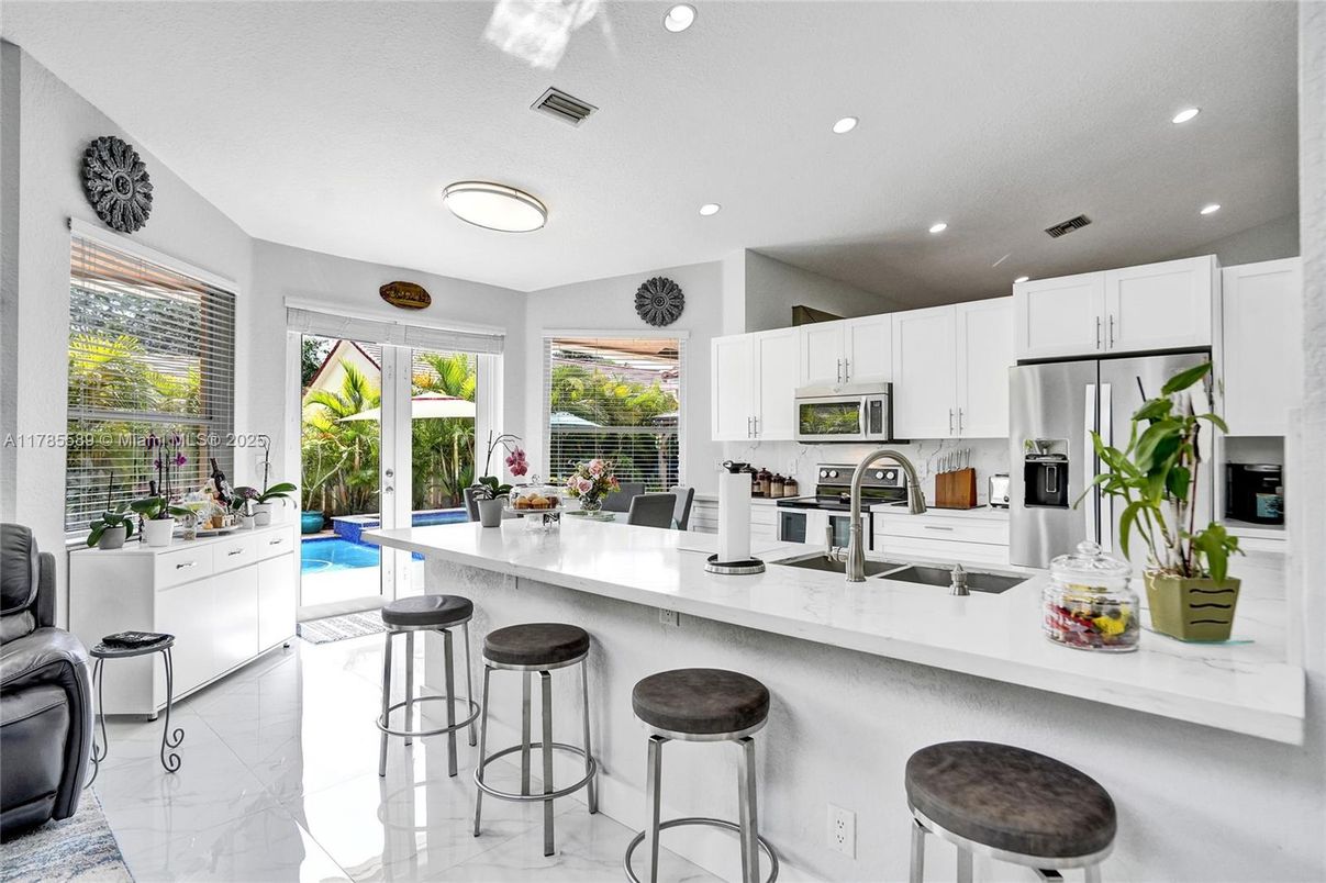 Interior, Kitchen, Marble, Recessed Lighting, Stainless Steel Appliances