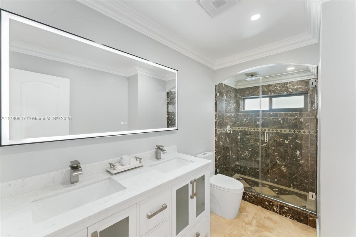 Bathroom, Dual Sink Vanities, Glass Shower, Interior, Recessed Lighting