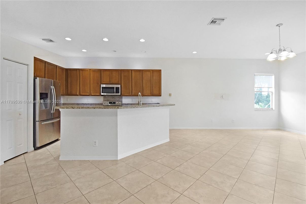 Empty room, Interior, Kitchen, Pendant Lights, Recessed Lighting, Stainless Steel Appliances