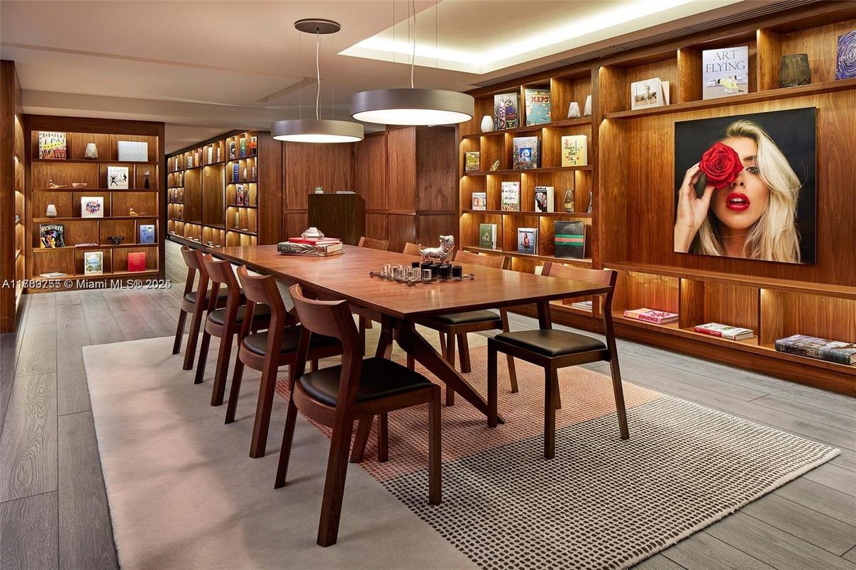 Dining room, Interior, Pendant Lights, Wood Texture Flooring, Wooden Walls