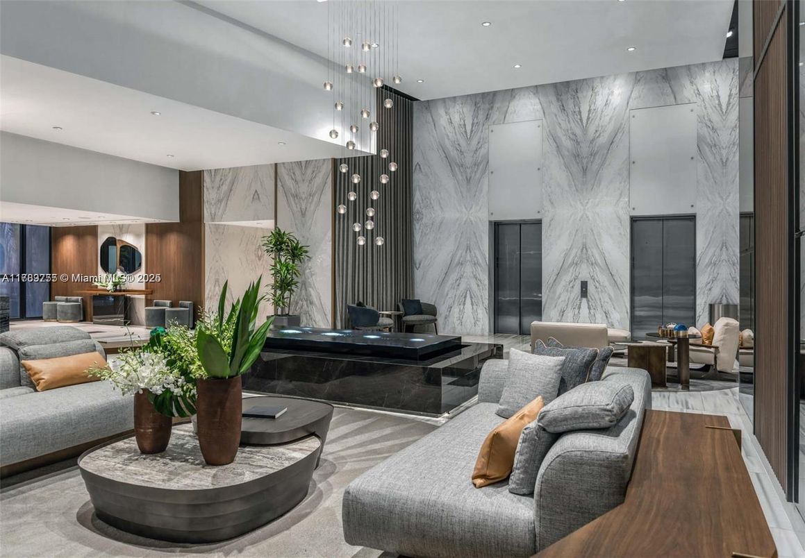 Interior, Living room, Marble, Marble Walls, Pendant Lights, Recessed Lighting, Wood Texture Flooring