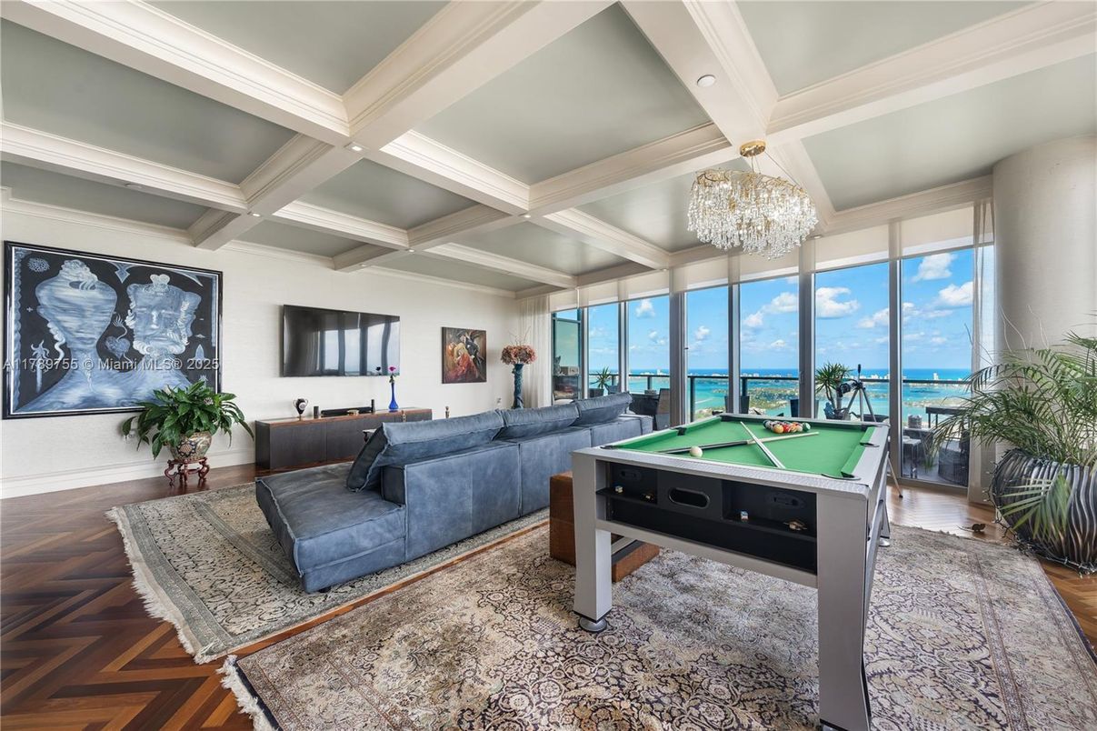 Billiard Table, Chandelier, Game Room, Interior, Living room, Recessed Lighting, Water, Wood Texture Flooring