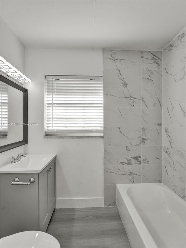 Bathroom, Interior, Marble Walls, Wood Texture Flooring