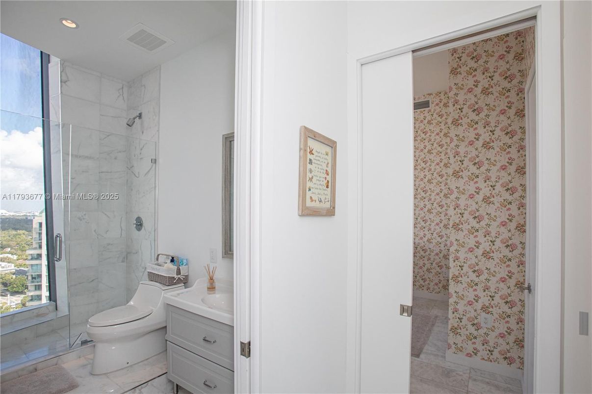 Bathroom, Glass Shower, Interior, Marble Walls, Recessed Lighting